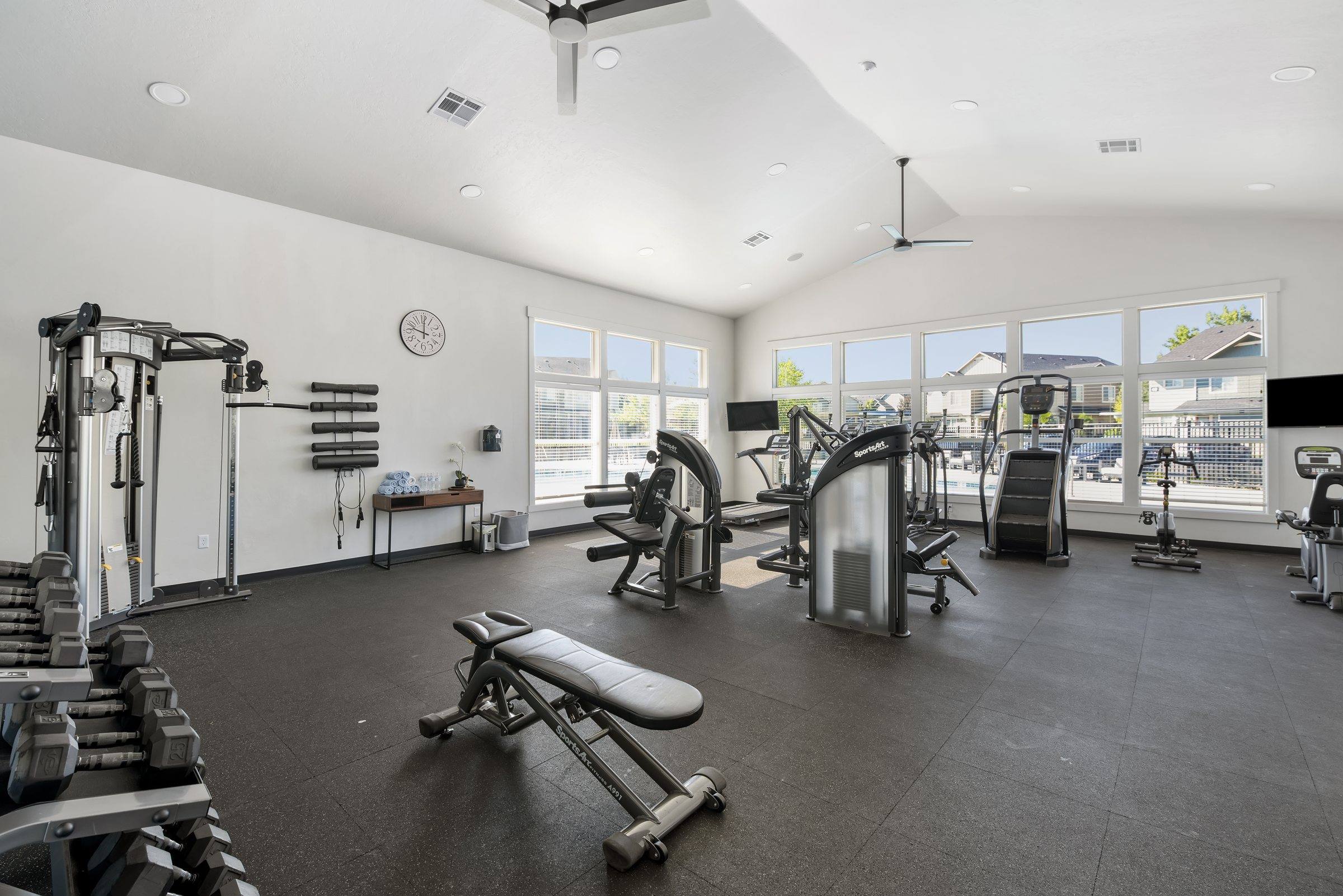 The 24-hour fitness center with strength machines and free weights