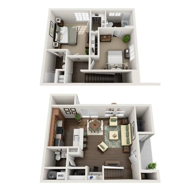 Two-bedroom townhome floor plan at The Enclave, 1,074 square feet